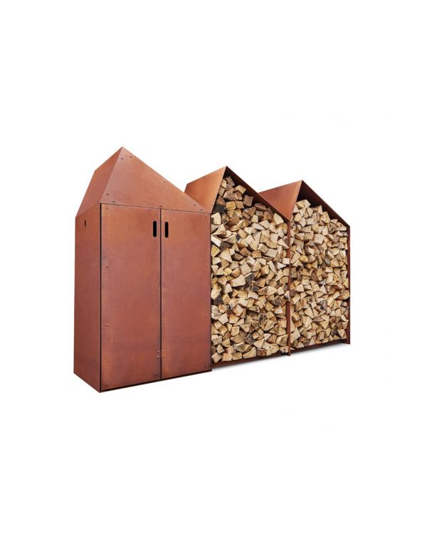Holzlager Cortenstahl RB73 SHEDDAK 2 offene + 1 geschlossenes Haus